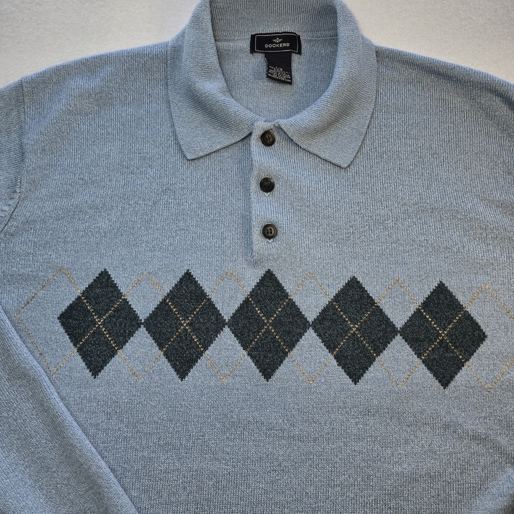 Dockers Men's Argyle Polo Sweater Blue Knit Pullover Vintage Old Money Preppy‎ L